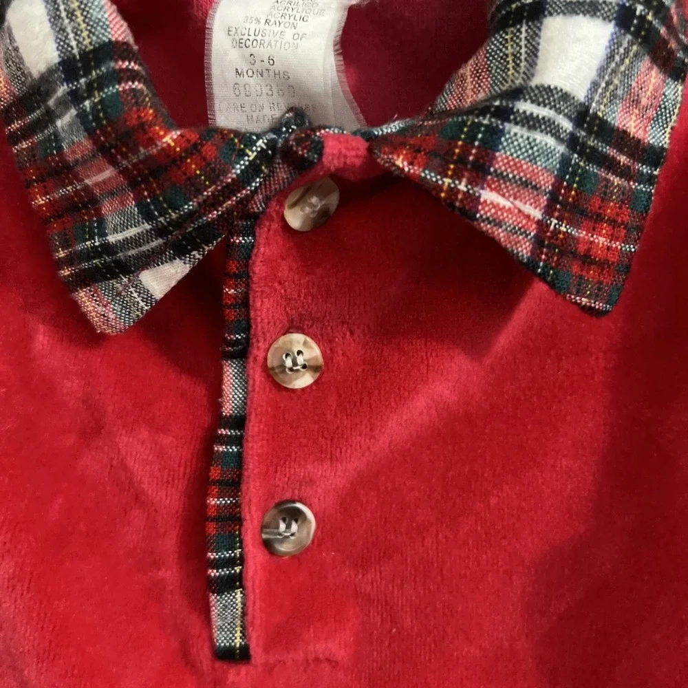 Vintage Baby‎ Christmas One Piece Romper Velour Size 3 To 6 Month Bear Train Red